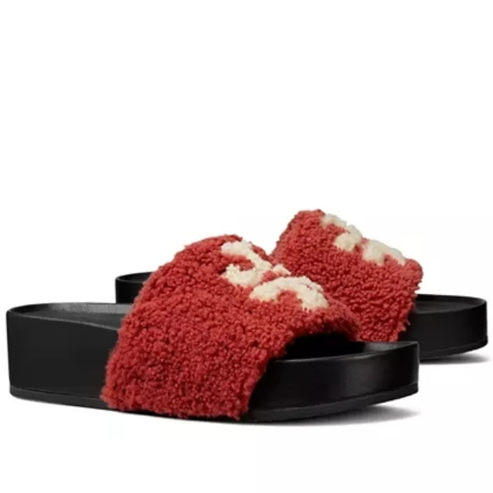 Tory Burch Double T Shearling Flatform Slide Sandals in a vibrant red and cream